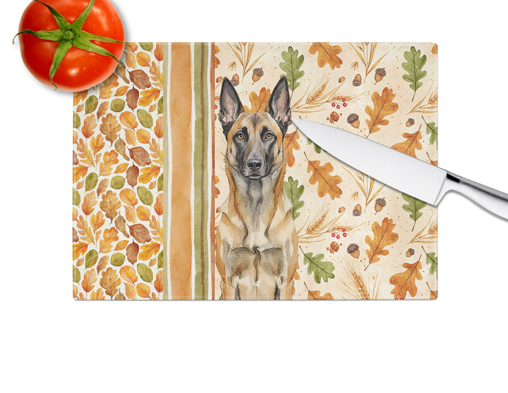 Belgian Malinois Heirloom Fall Cutting Board Tempered Glass Kitchen Cutting Surface, Heat Resistant Chopping, Non-Slip Feet, Food Prep & Serving