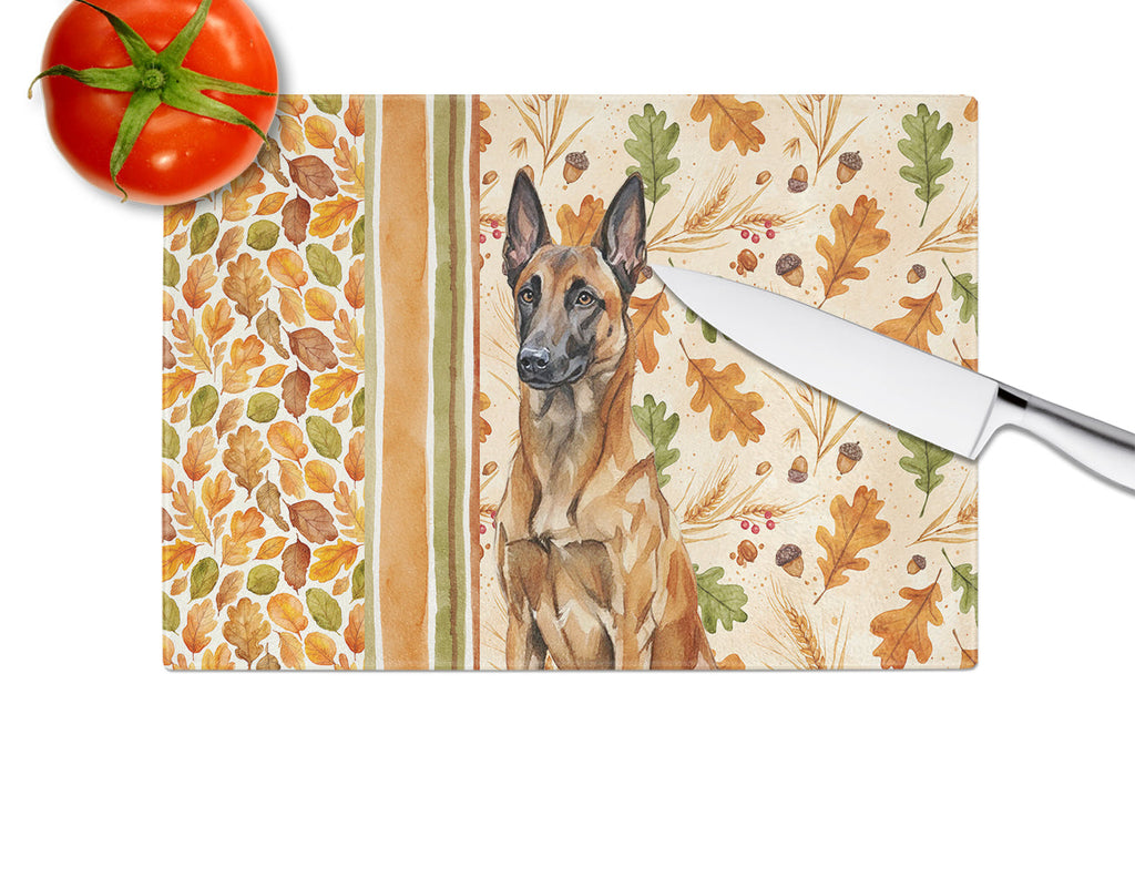 Mahogany Belgian Malinois Heirloom Fall Cutting Board Tempered Glass Kitchen Cutting Surface, Heat Resistant Chopping, Non-Slip Feet, Food Prep & Serving