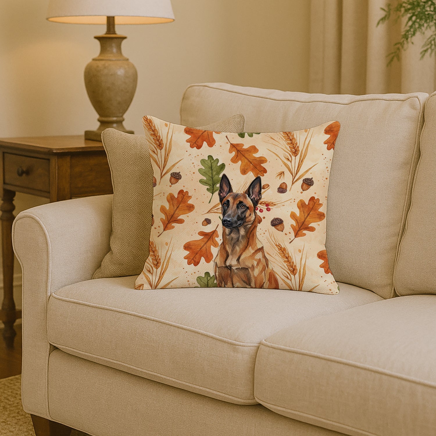 Mahogany Belgian Malinois Heirloom Fall Decorative Throw Pillow 14x14 Indoor Outdoor Accent Cushion, Fabric Cover with Insert for Sofa, Bed, Porch & Living Room
