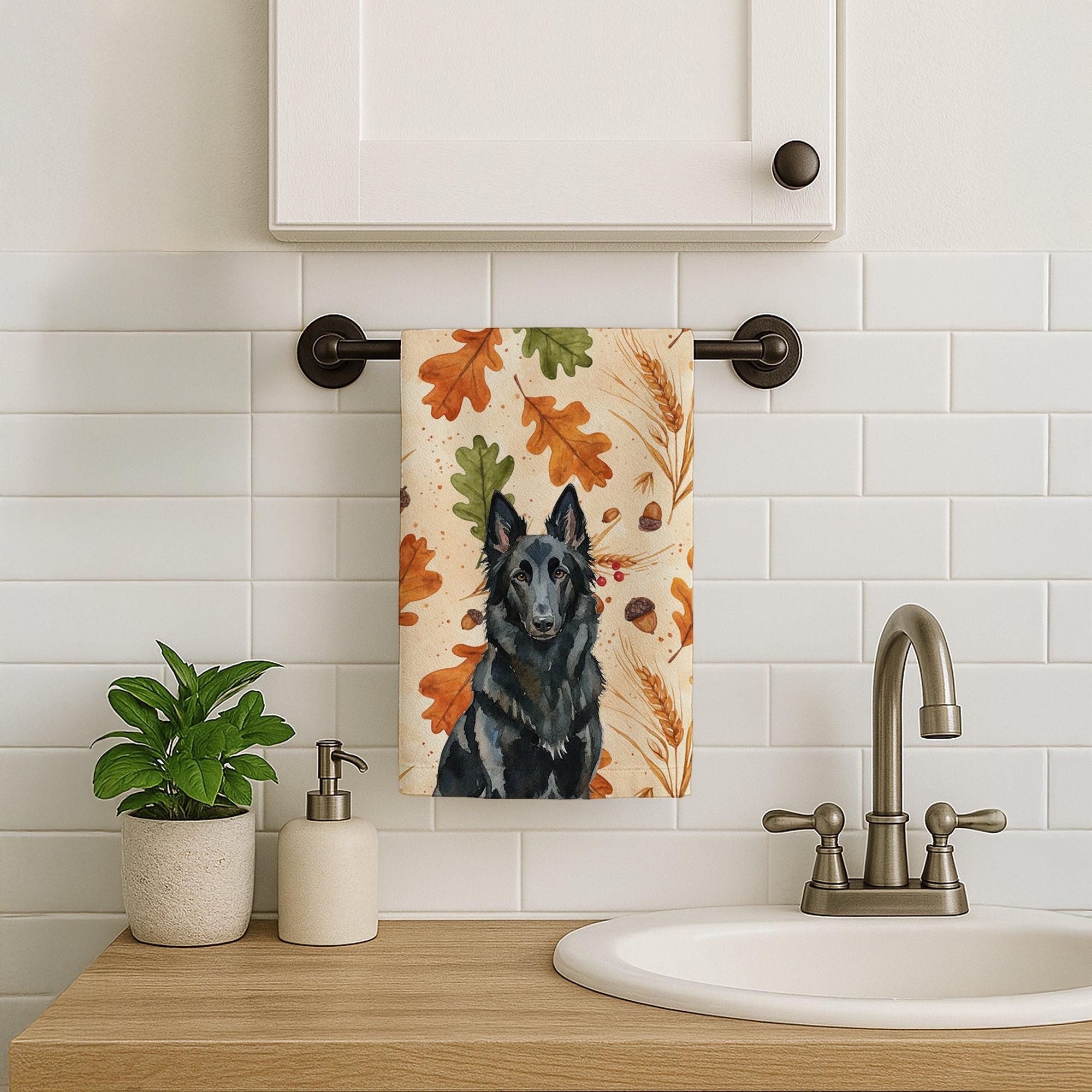 Belgian Sheepdog Groenendael Heirloom Fall Kitchen Towel Velour Plush Front and Cotton Loop Back Machine Washable