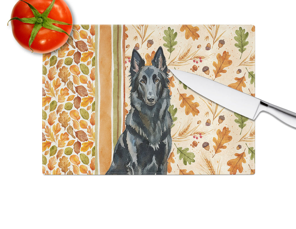 Belgian Sheepdog Groenendael Heirloom Fall Cutting Board Tempered Glass Kitchen Cutting Surface, Heat Resistant Chopping, Non-Slip Feet, Food Prep & Serving