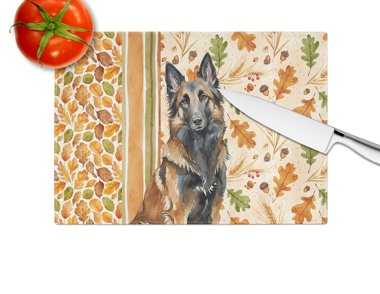 Belgian Tervuren Heirloom Fall Cutting Board Tempered Glass Kitchen Cutting Surface, Heat Resistant Chopping, Non-Slip Feet, Food Prep & Serving