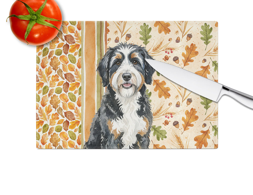 Berndoodle Heirloom Fall Cutting Board Tempered Glass Kitchen Cutting Surface, Heat Resistant Chopping, Non-Slip Feet, Food Prep & Serving