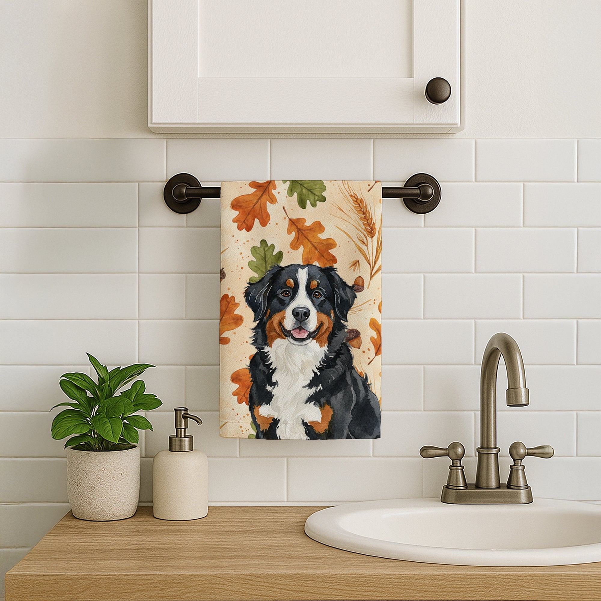 Bernese Mountain Dog Heirloom Fall Kitchen Towel Velour Plush Front and Cotton Loop Back Machine Washable