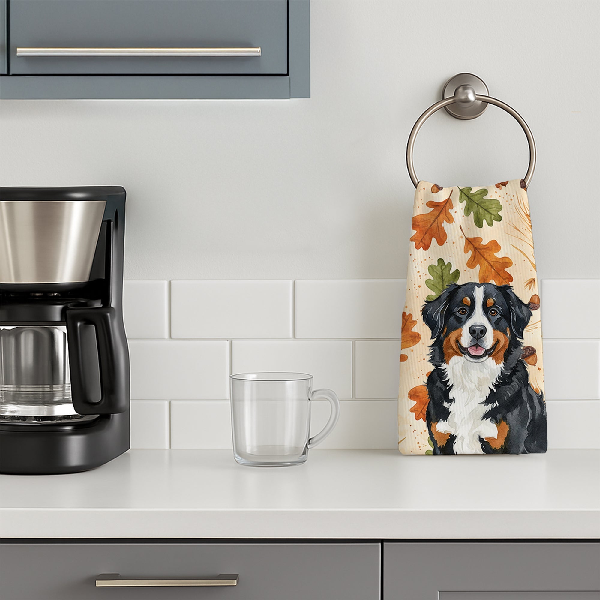 Bernese Mountain Dog Heirloom Fall Kitchen Towel Velour Plush Front and Cotton Loop Back Machine Washable