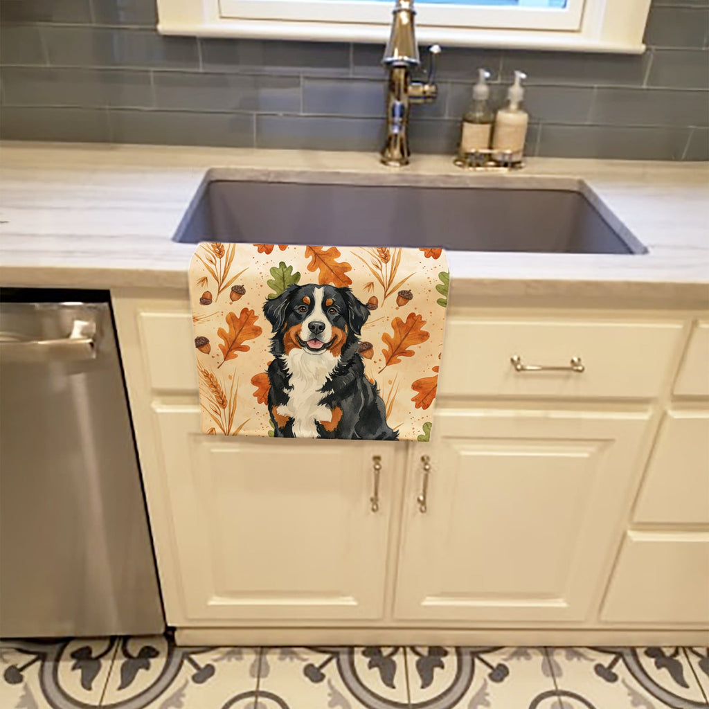 Bernese Mountain Dog Heirloom Fall Kitchen Towel Velour Plush Front and Cotton Loop Back Machine Washable