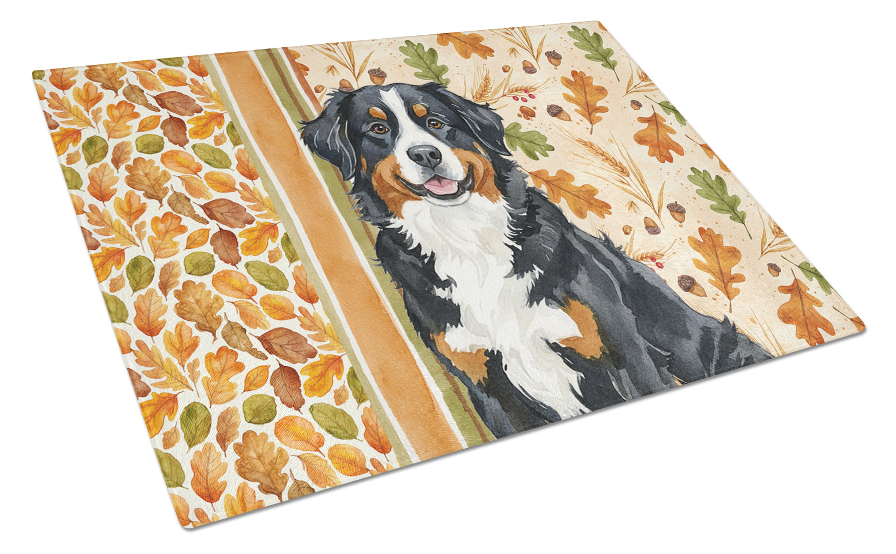 Bernese Mountain Dog Heirloom Fall Cutting Board Tempered Glass Kitchen Cutting Surface, Heat Resistant Chopping, Non-Slip Feet, Food Prep & Serving