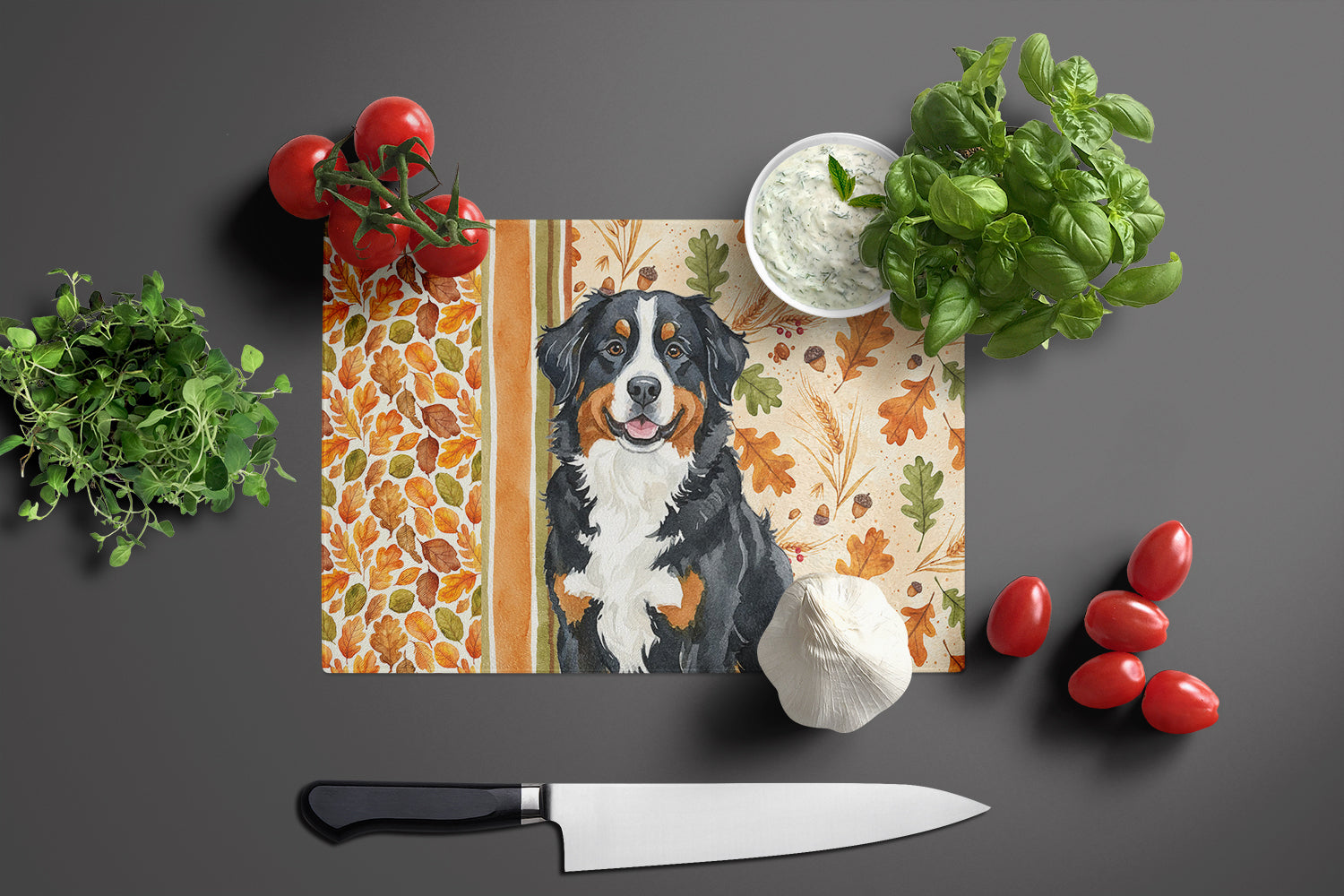 Bernese Mountain Dog Heirloom Fall Cutting Board Tempered Glass Kitchen Cutting Surface, Heat Resistant Chopping, Non-Slip Feet, Food Prep & Serving