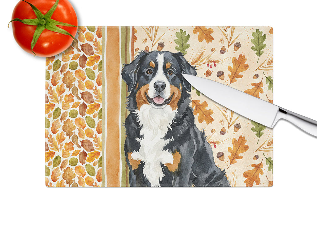 Bernese Mountain Dog Heirloom Fall Cutting Board Tempered Glass Kitchen Cutting Surface, Heat Resistant Chopping, Non-Slip Feet, Food Prep & Serving