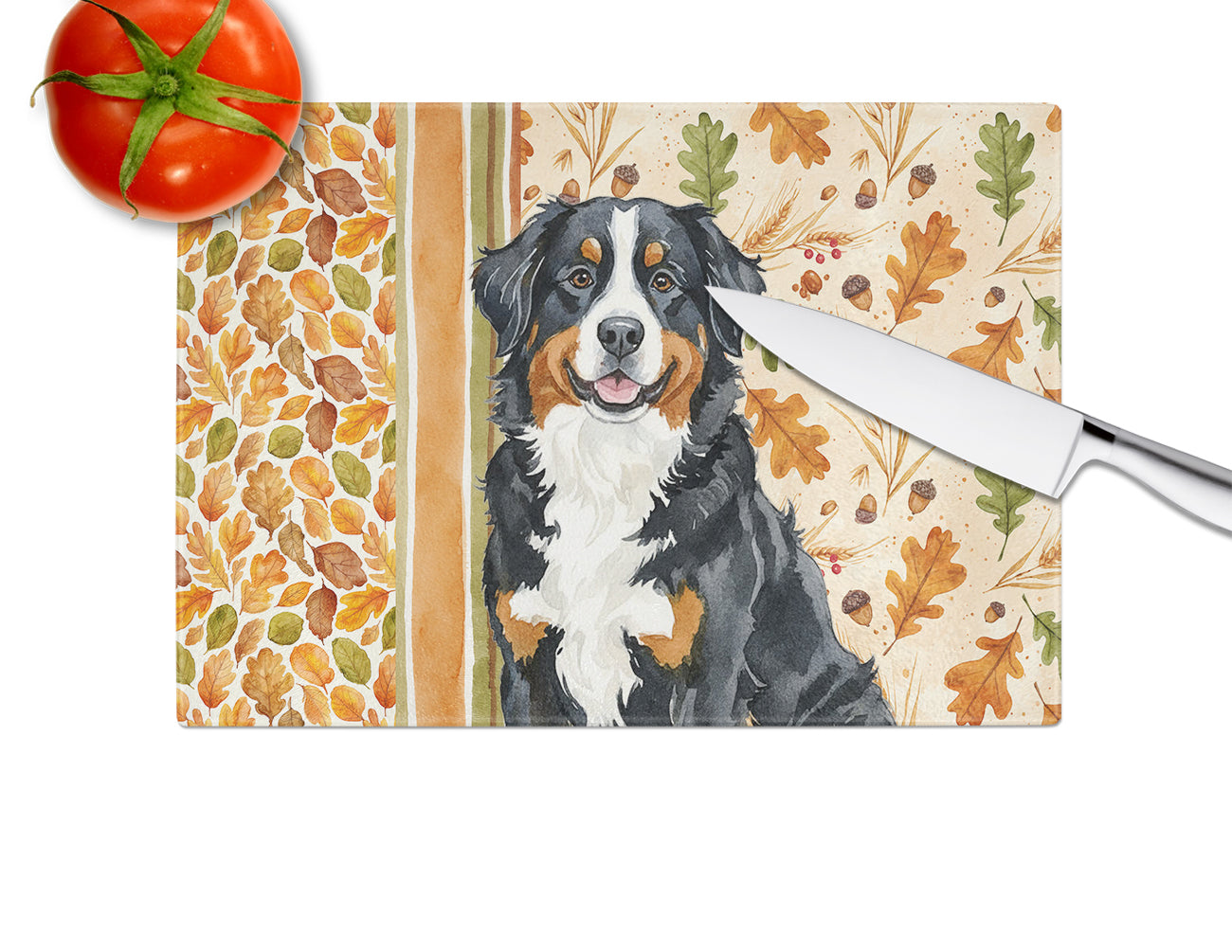 Bernese Mountain Dog Heirloom Fall Cutting Board Tempered Glass Kitchen Cutting Surface, Heat Resistant Chopping, Non-Slip Feet, Food Prep & Serving