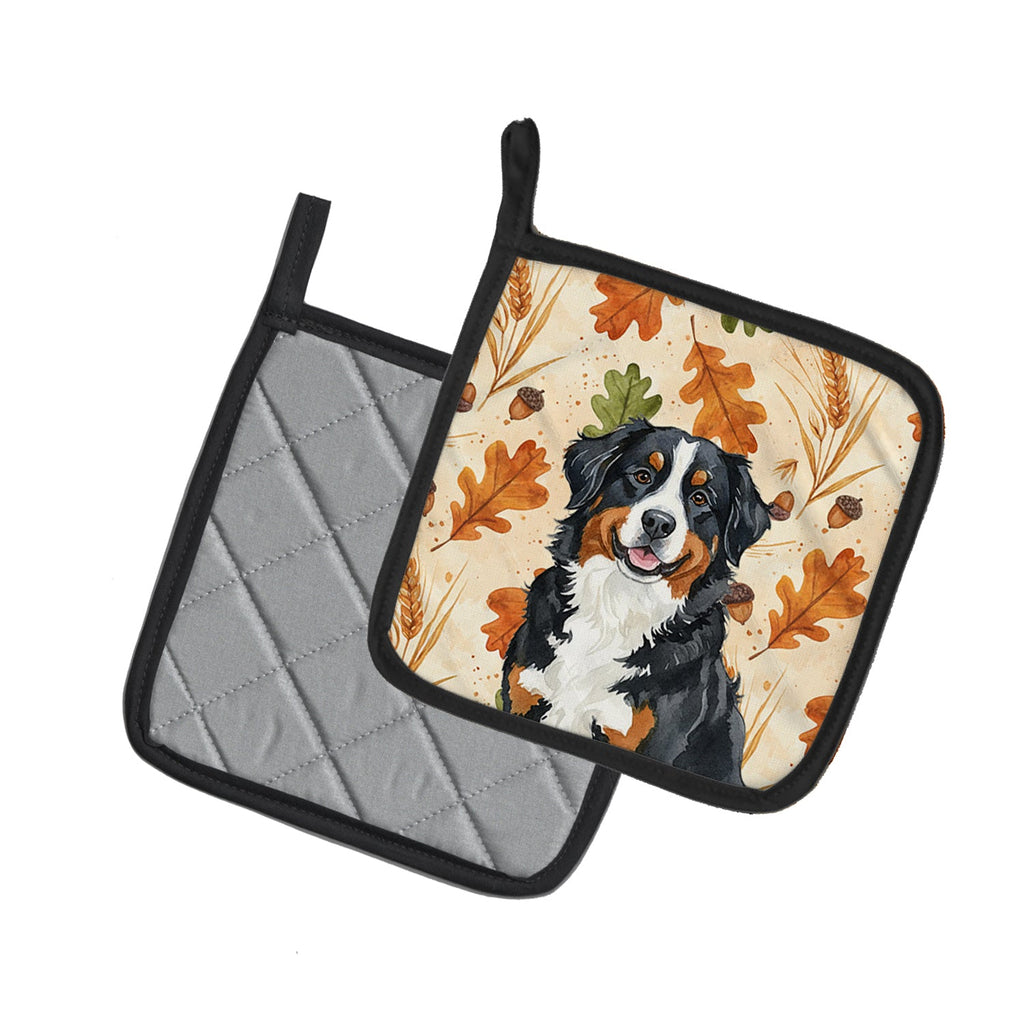 Bernese Mountain Dog Heirloom Fall Pot Holder Set of 2 Heat Resistant Quilted Hot Pads 7.5 x 7.5 Inch, Insulated Kitchen Trivets for Cooking & Baking