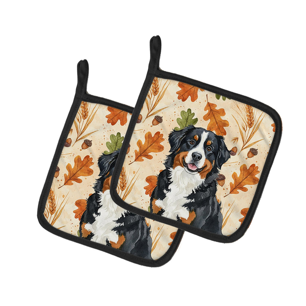 Bernese Mountain Dog Heirloom Fall Pot Holder Set of 2 Heat Resistant Quilted Hot Pads 7.5 x 7.5 Inch, Insulated Kitchen Trivets for Cooking & Baking
