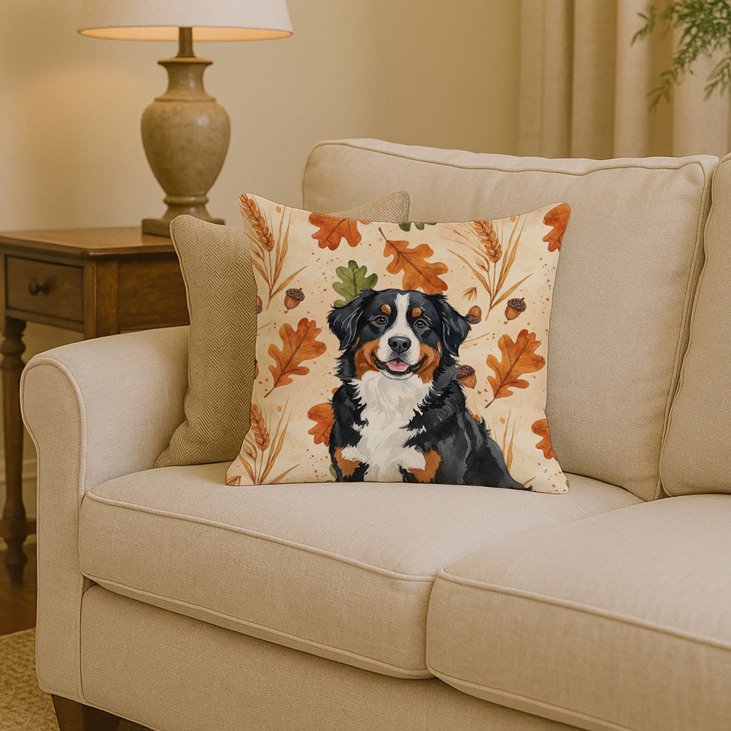 Bernese Mountain Dog Heirloom Fall Decorative Throw Pillow 14x14 Indoor Outdoor Accent Cushion, Fabric Cover with Insert for Sofa, Bed, Porch & Living Room
