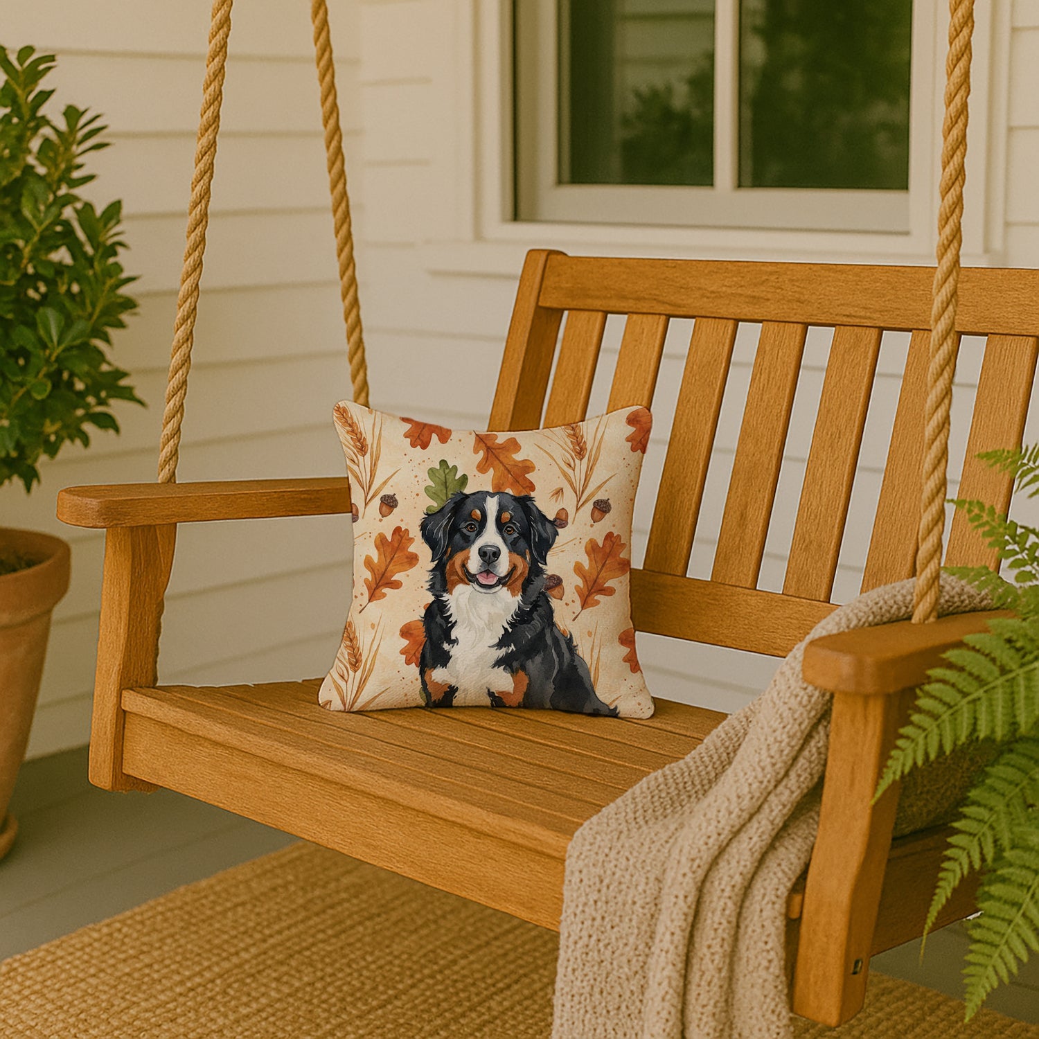 Bernese Mountain Dog Heirloom Fall Decorative Throw Pillow 14x14 Indoor Outdoor Accent Cushion, Fabric Cover with Insert for Sofa, Bed, Porch & Living Room