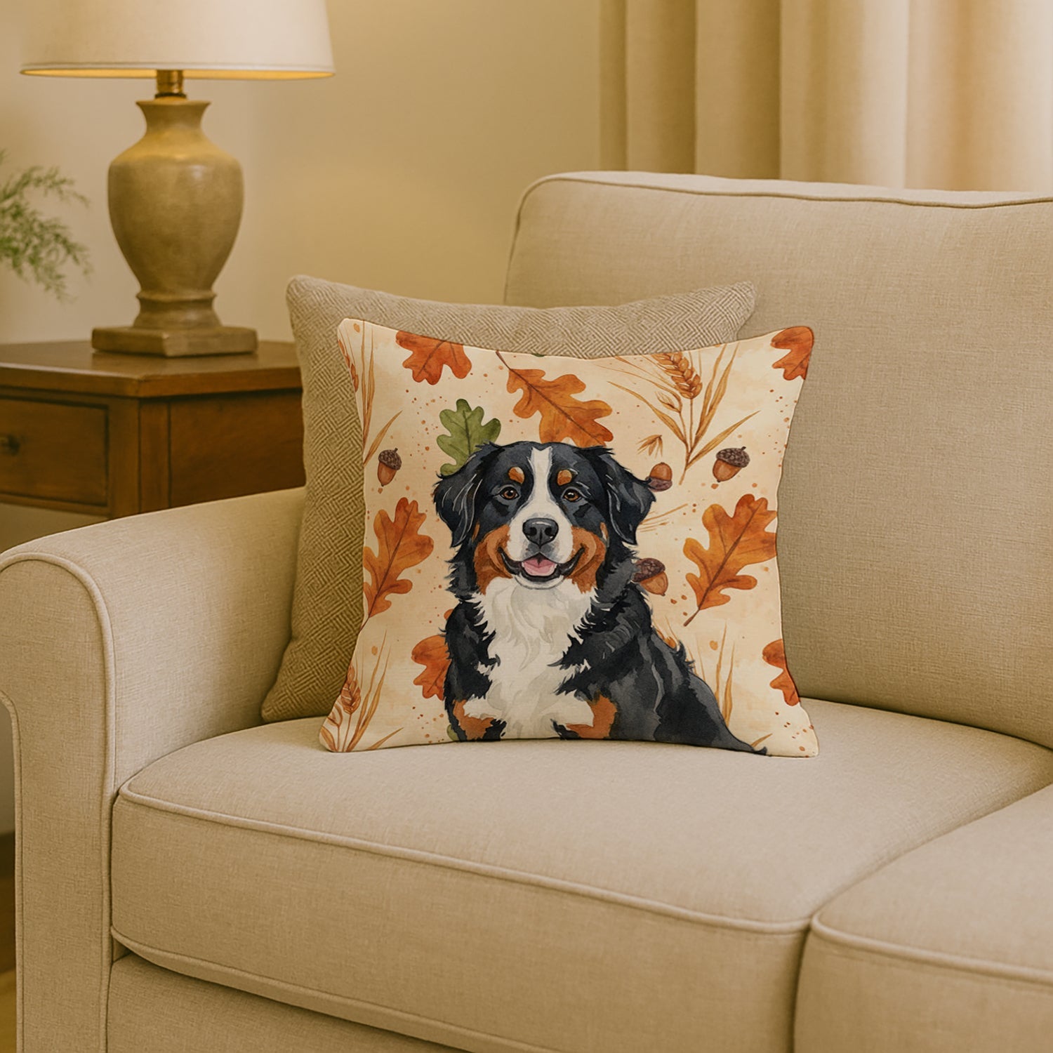 Bernese Mountain Dog Heirloom Fall Decorative Throw Pillow 18x18 Indoor Outdoor Accent Cushion, Fabric Cover with Insert for Sofa, Bed, Porch & Living Room