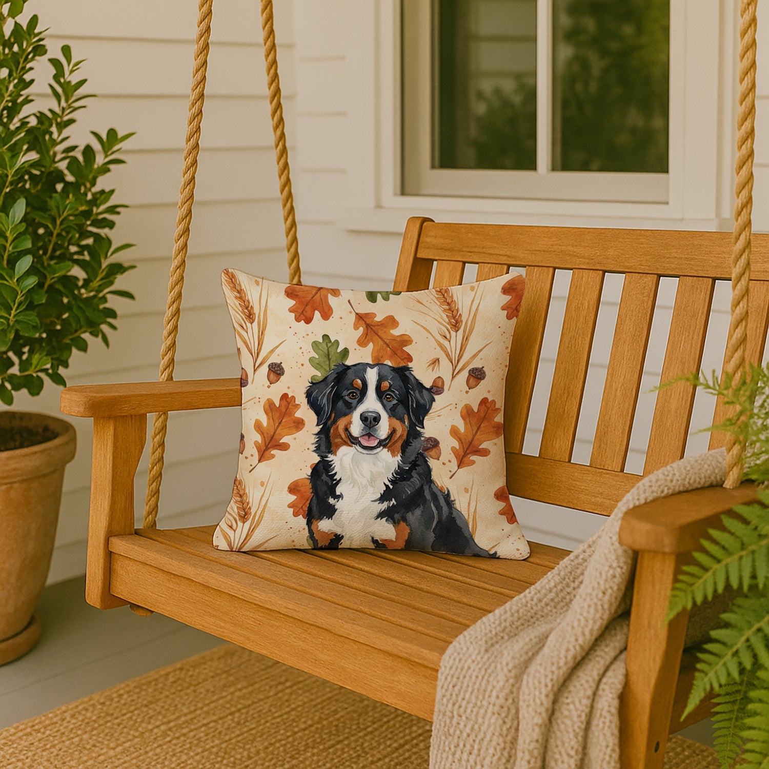 Bernese Mountain Dog Heirloom Fall Decorative Throw Pillow 18x18 Indoor Outdoor Accent Cushion, Fabric Cover with Insert for Sofa, Bed, Porch & Living Room