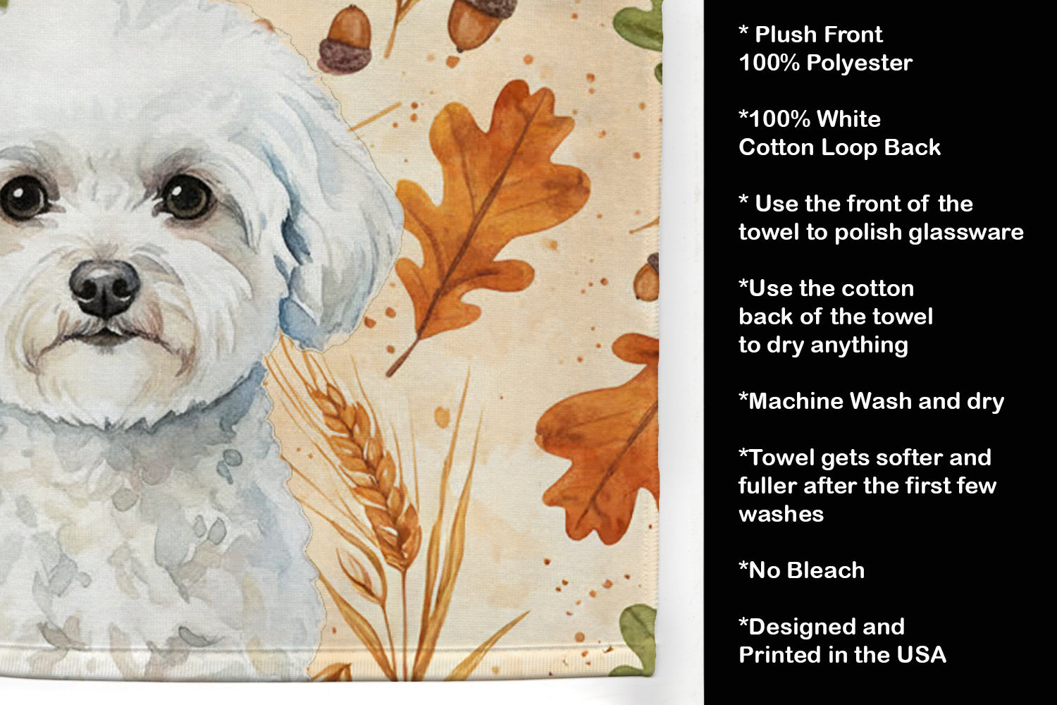 Bichon Frise Heirloom Fall Kitchen Towel Velour Plush Front and Cotton Loop Back Machine Washable
