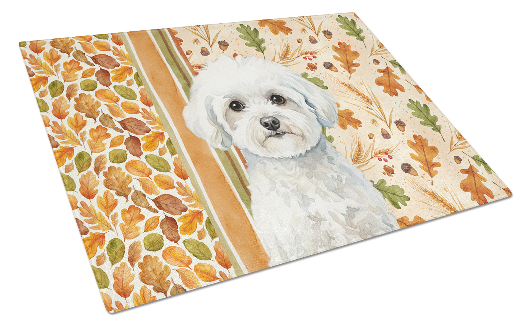 Bichon Frise Heirloom Fall Cutting Board Tempered Glass Kitchen Cutting Surface, Heat Resistant Chopping, Non-Slip Feet, Food Prep & Serving
