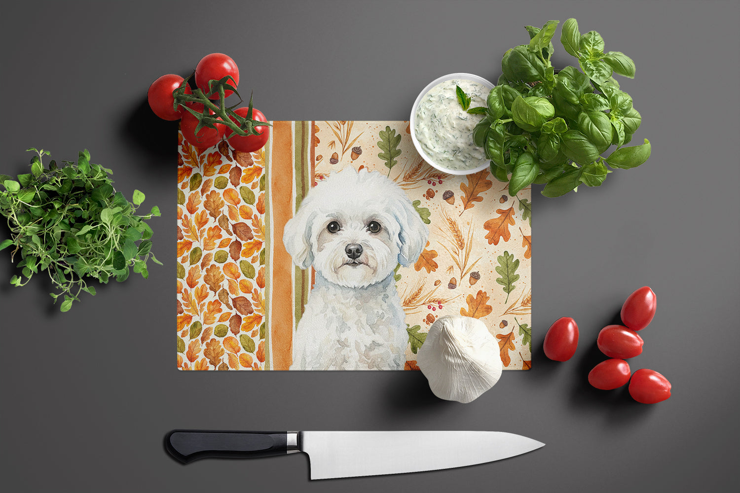 Bichon Frise Heirloom Fall Cutting Board Tempered Glass Kitchen Cutting Surface, Heat Resistant Chopping, Non-Slip Feet, Food Prep & Serving