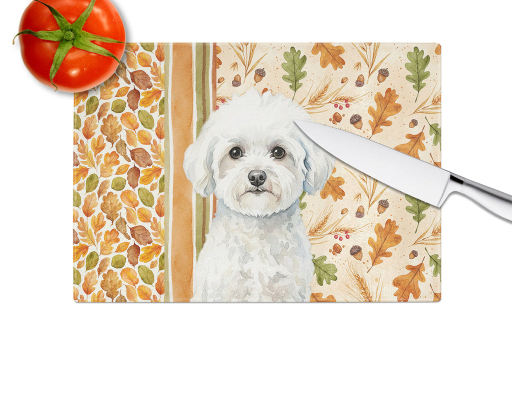 Bichon Frise Heirloom Fall Cutting Board Tempered Glass Kitchen Cutting Surface, Heat Resistant Chopping, Non-Slip Feet, Food Prep & Serving