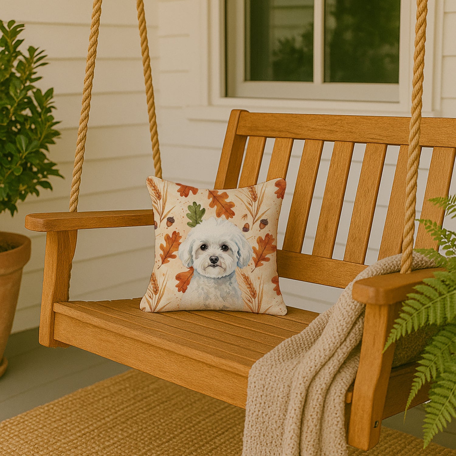 Bichon Frise Heirloom Fall Decorative Throw Pillow 14x14 Indoor Outdoor Accent Cushion, Fabric Cover with Insert for Sofa, Bed, Porch & Living Room