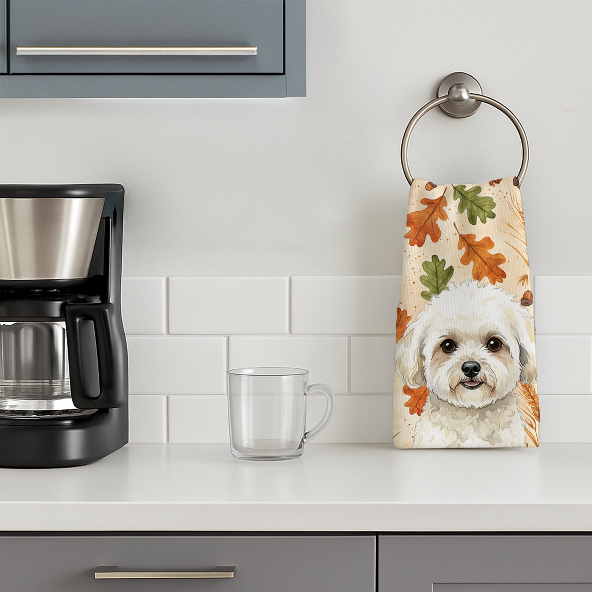 White and Cream Bichon Frise Heirloom Fall Kitchen Towel Velour Plush Front and Cotton Loop Back Machine Washable