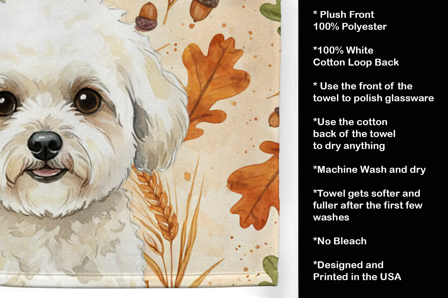 White and Cream Bichon Frise Heirloom Fall Kitchen Towel Velour Plush Front and Cotton Loop Back Machine Washable