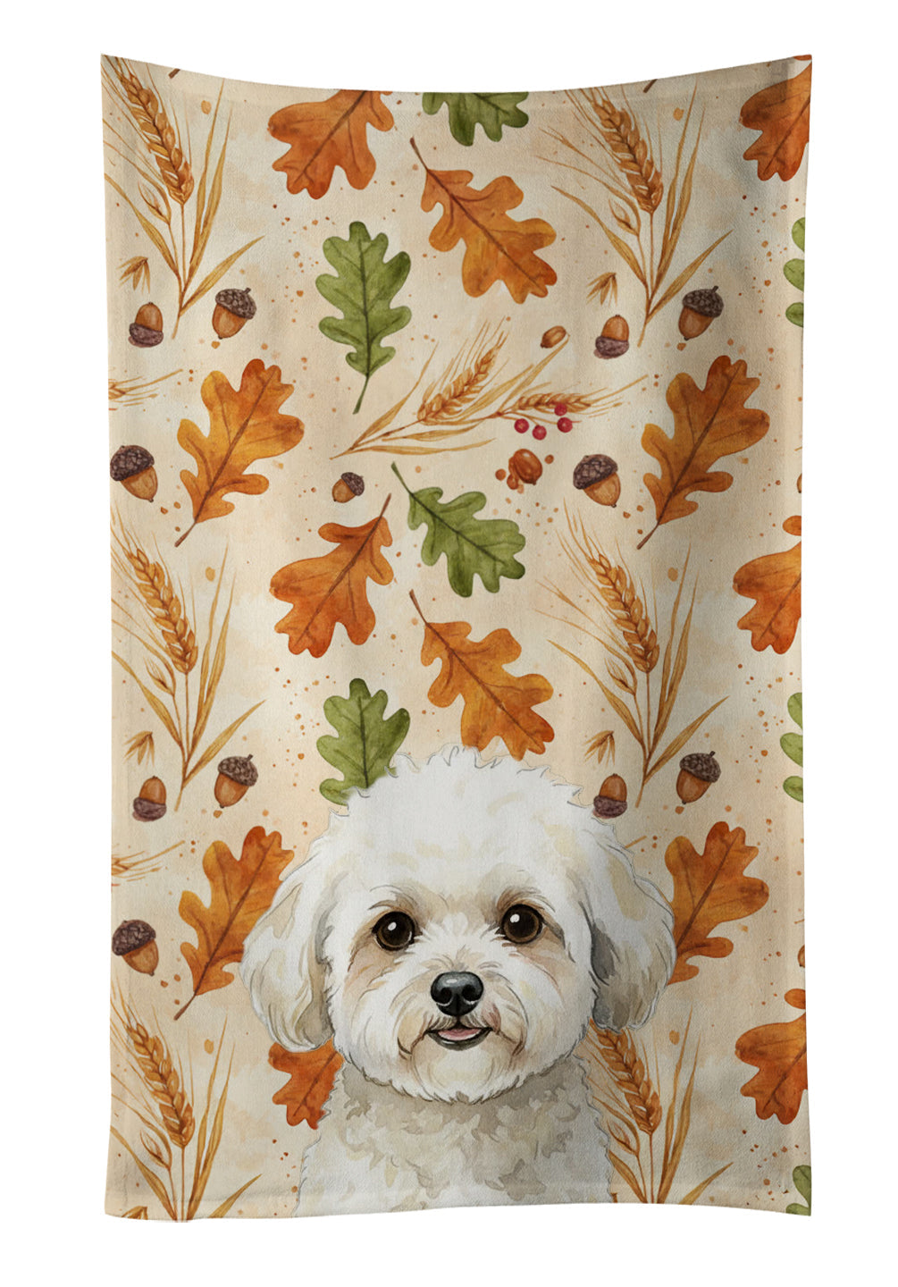 White and Cream Bichon Frise Heirloom Fall Kitchen Towel Velour Plush Front and Cotton Loop Back Machine Washable