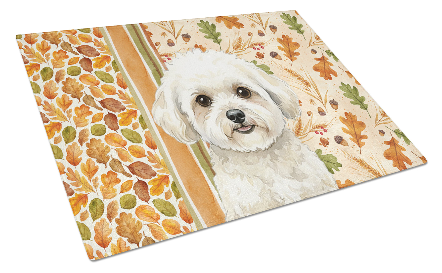 White and Cream Bichon Frise Heirloom Fall Cutting Board Tempered Glass Kitchen Cutting Surface, Heat Resistant Chopping, Non-Slip Feet, Food Prep & Serving