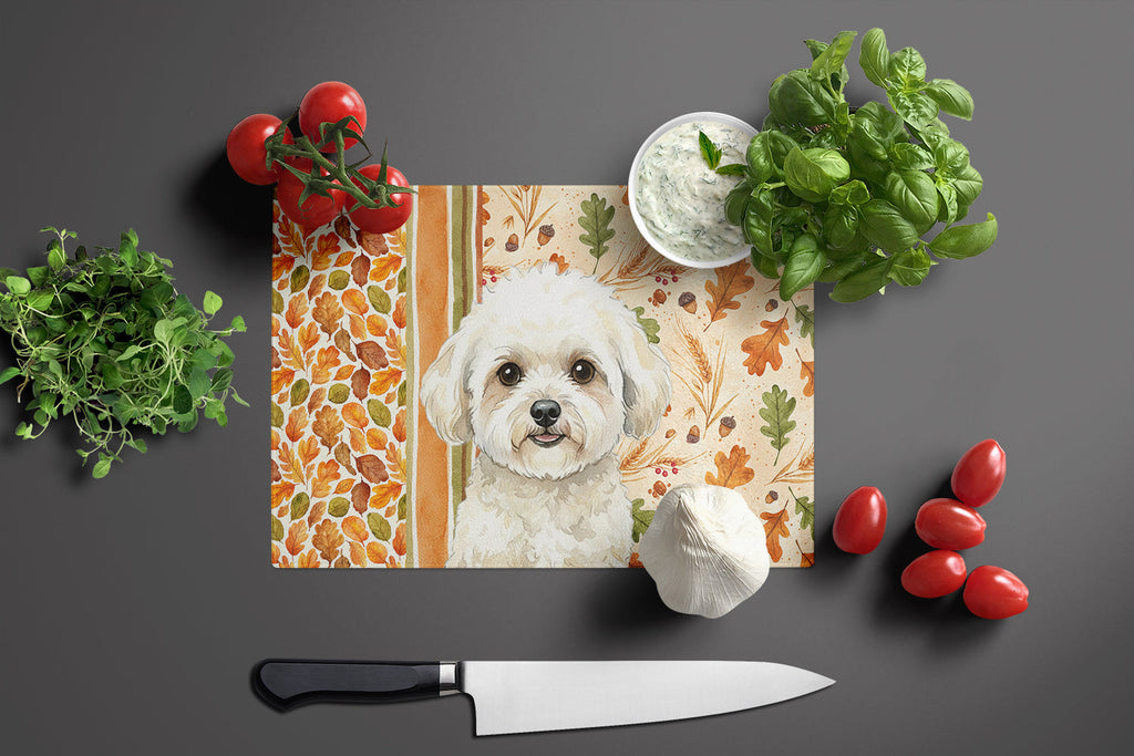 White and Cream Bichon Frise Heirloom Fall Cutting Board Tempered Glass Kitchen Cutting Surface, Heat Resistant Chopping, Non-Slip Feet, Food Prep & Serving