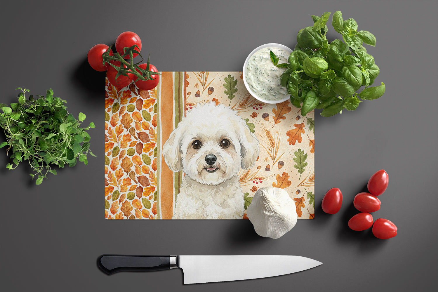 White and Cream Bichon Frise Heirloom Fall Cutting Board Tempered Glass Kitchen Cutting Surface, Heat Resistant Chopping, Non-Slip Feet, Food Prep & Serving