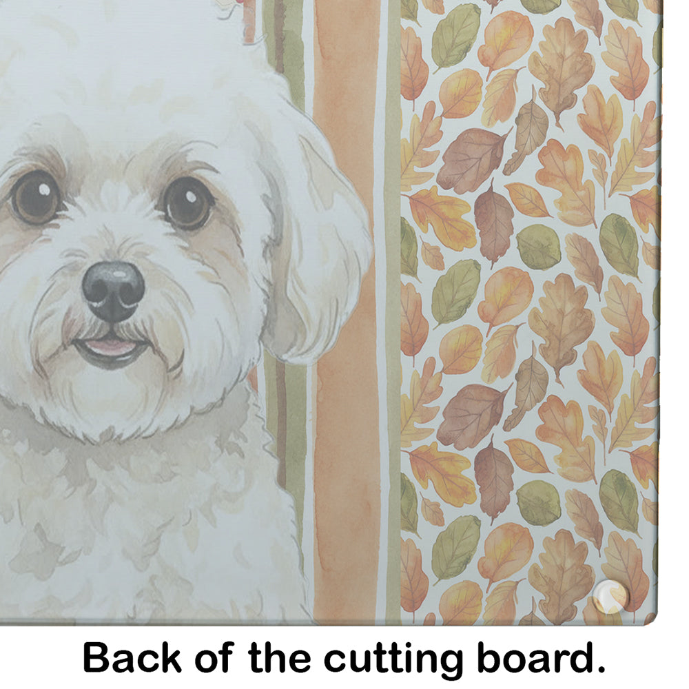 White and Cream Bichon Frise Heirloom Fall Cutting Board Tempered Glass Kitchen Cutting Surface, Heat Resistant Chopping, Non-Slip Feet, Food Prep & Serving