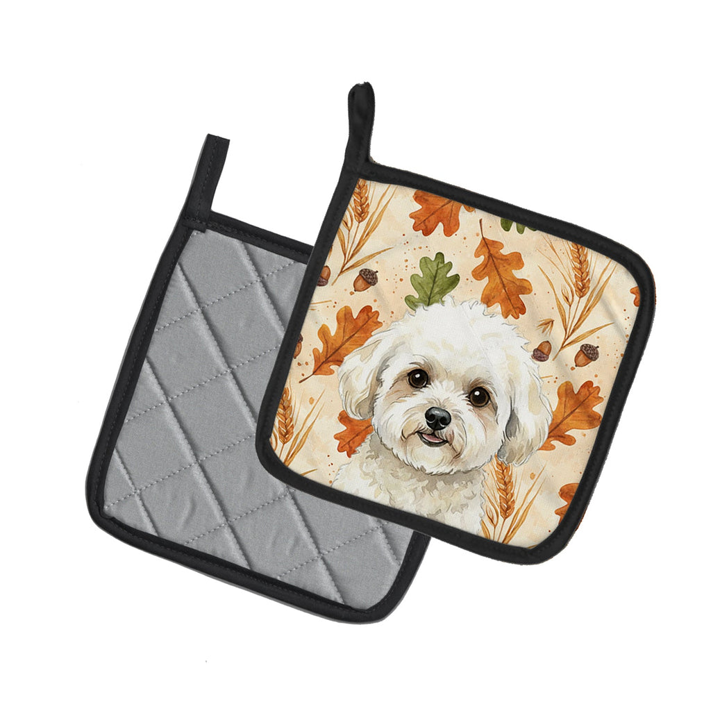 White and Cream Bichon Frise Heirloom Fall Pot Holder Set of 2 Heat Resistant Quilted Hot Pads 7.5 x 7.5 Inch, Insulated Kitchen Trivets for Cooking & Baking