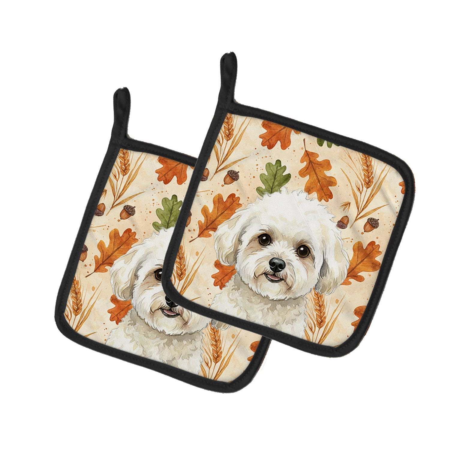 White and Cream Bichon Frise Heirloom Fall Pot Holder Set of 2 Heat Resistant Quilted Hot Pads 7.5 x 7.5 Inch, Insulated Kitchen Trivets for Cooking & Baking