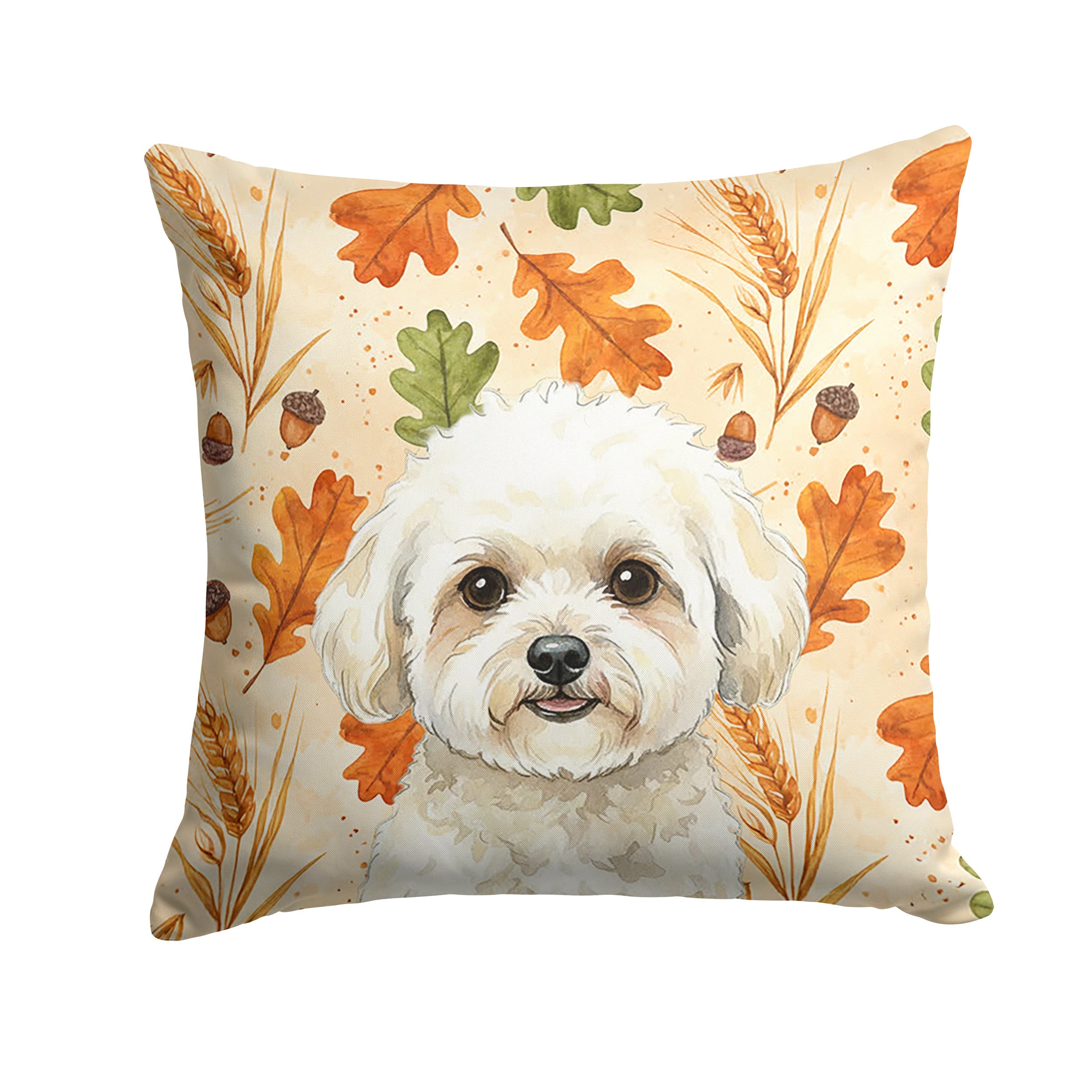 White and Cream Bichon Frise Heirloom Fall Decorative Throw Pillow 14x14 Indoor Outdoor Accent Cushion, Fabric Cover with Insert for Sofa, Bed, Porch & Living Room