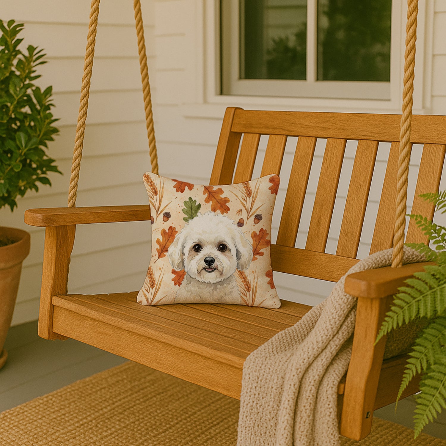 White and Cream Bichon Frise Heirloom Fall Decorative Throw Pillow 14x14 Indoor Outdoor Accent Cushion, Fabric Cover with Insert for Sofa, Bed, Porch & Living Room