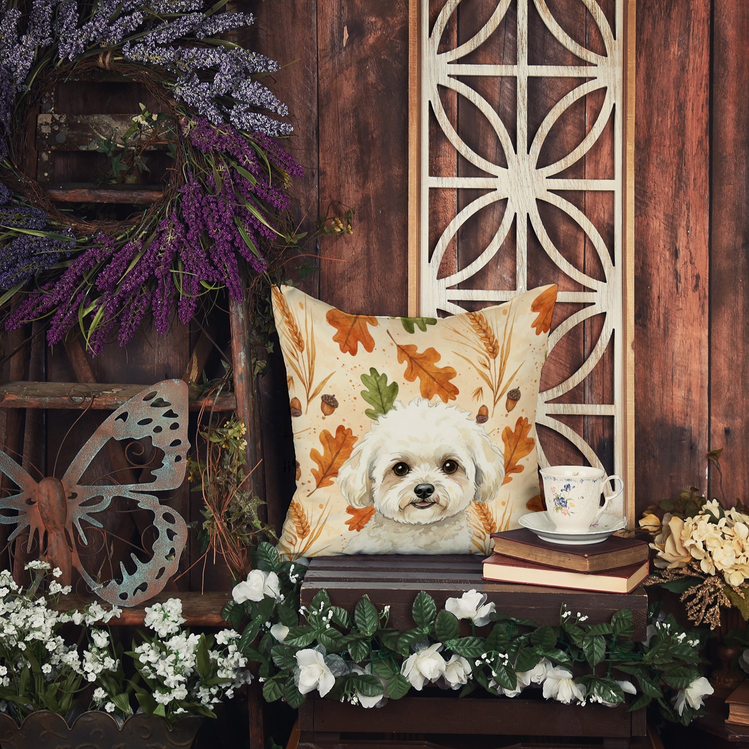 White and Cream Bichon Frise Heirloom Fall Decorative Throw Pillow 14x14 Indoor Outdoor Accent Cushion, Fabric Cover with Insert for Sofa, Bed, Porch & Living Room