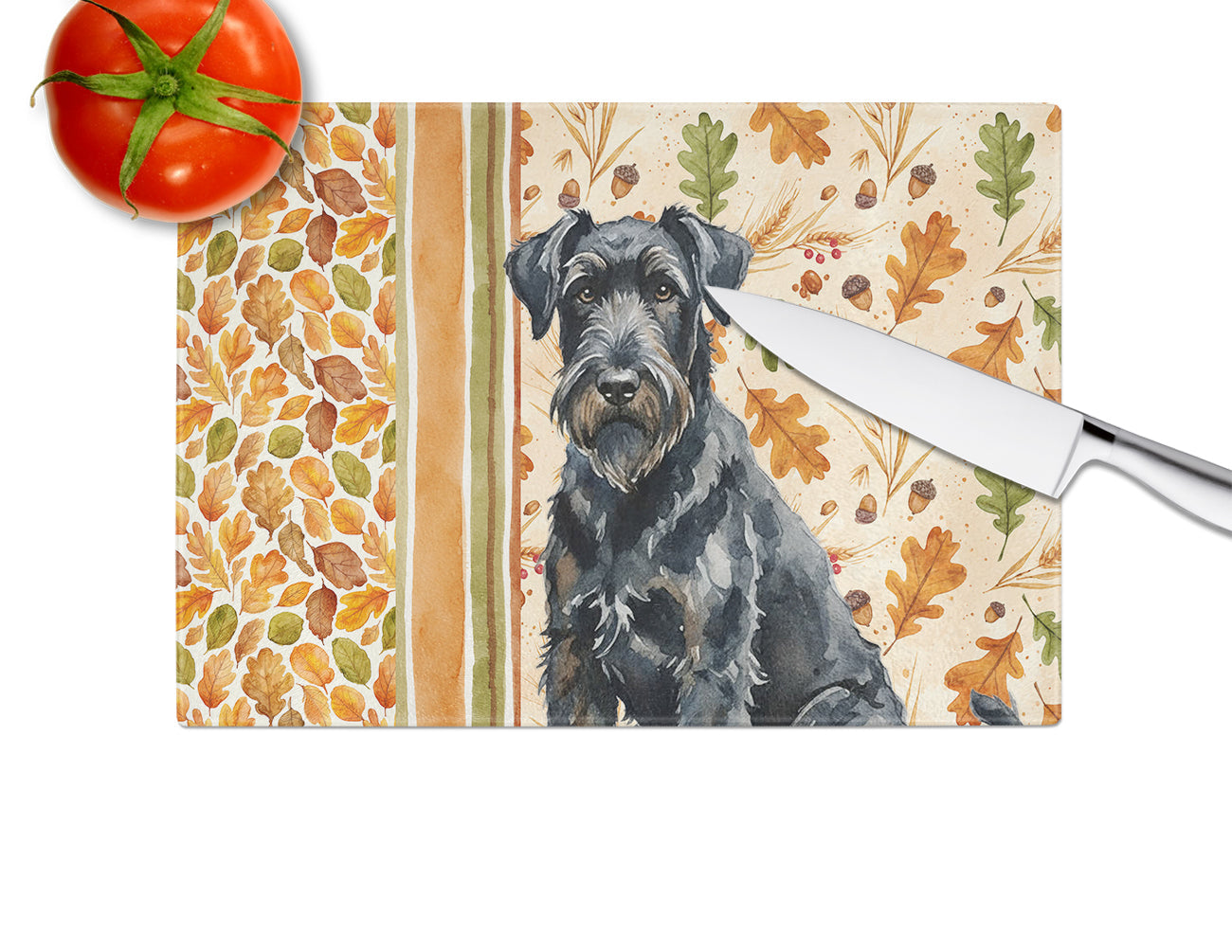 Black Russian Terrier Heirloom Fall Cutting Board Tempered Glass Kitchen Cutting Surface, Heat Resistant Chopping, Non-Slip Feet, Food Prep & Serving