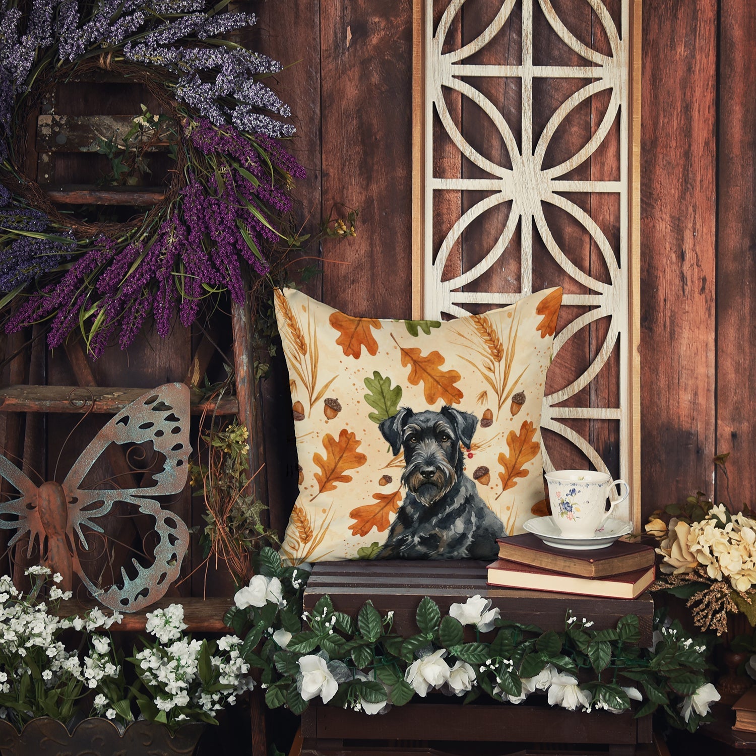 Black Russian Terrier Heirloom Fall Decorative Throw Pillow 18x18 Indoor Outdoor Accent Cushion, Fabric Cover with Insert for Sofa, Bed, Porch & Living Room
