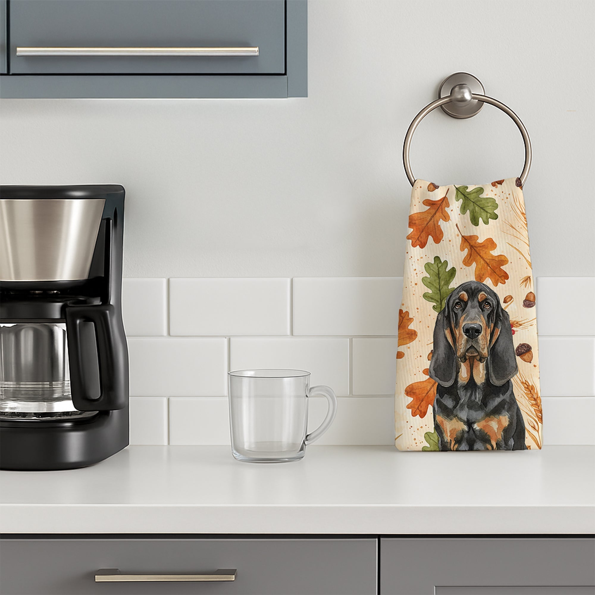 Black and Tan Bloodhound Heirloom Fall Kitchen Towel Velour Plush Front and Cotton Loop Back Machine Washable
