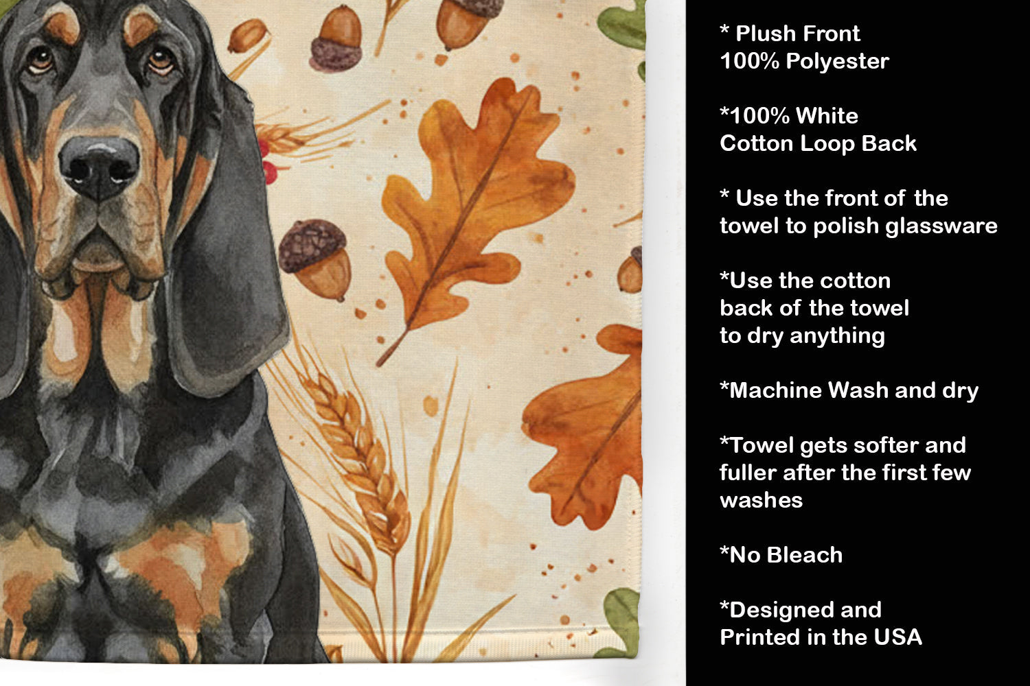 Black and Tan Bloodhound Heirloom Fall Kitchen Towel Velour Plush Front and Cotton Loop Back Machine Washable