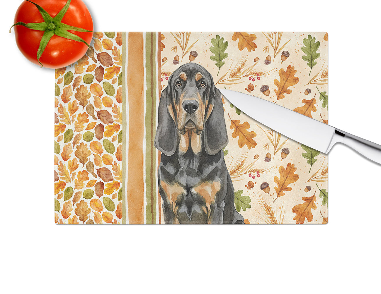 Black and Tan Bloodhound Heirloom Fall Cutting Board Tempered Glass Kitchen Cutting Surface, Heat Resistant Chopping, Non-Slip Feet, Food Prep & Serving