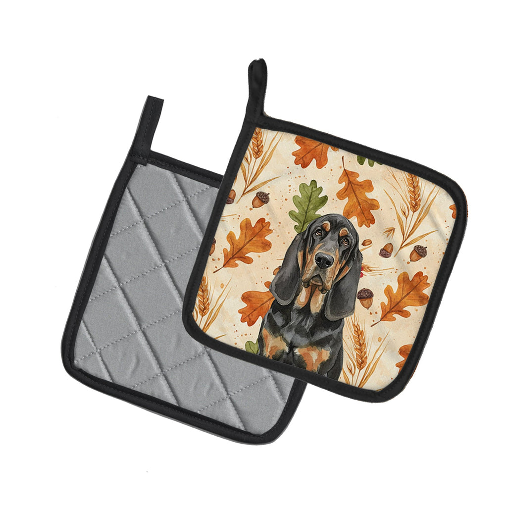 Black and Tan Bloodhound Heirloom Fall Pot Holder Set of 2 Heat Resistant Quilted Hot Pads 7.5 x 7.5 Inch, Insulated Kitchen Trivets for Cooking & Baking