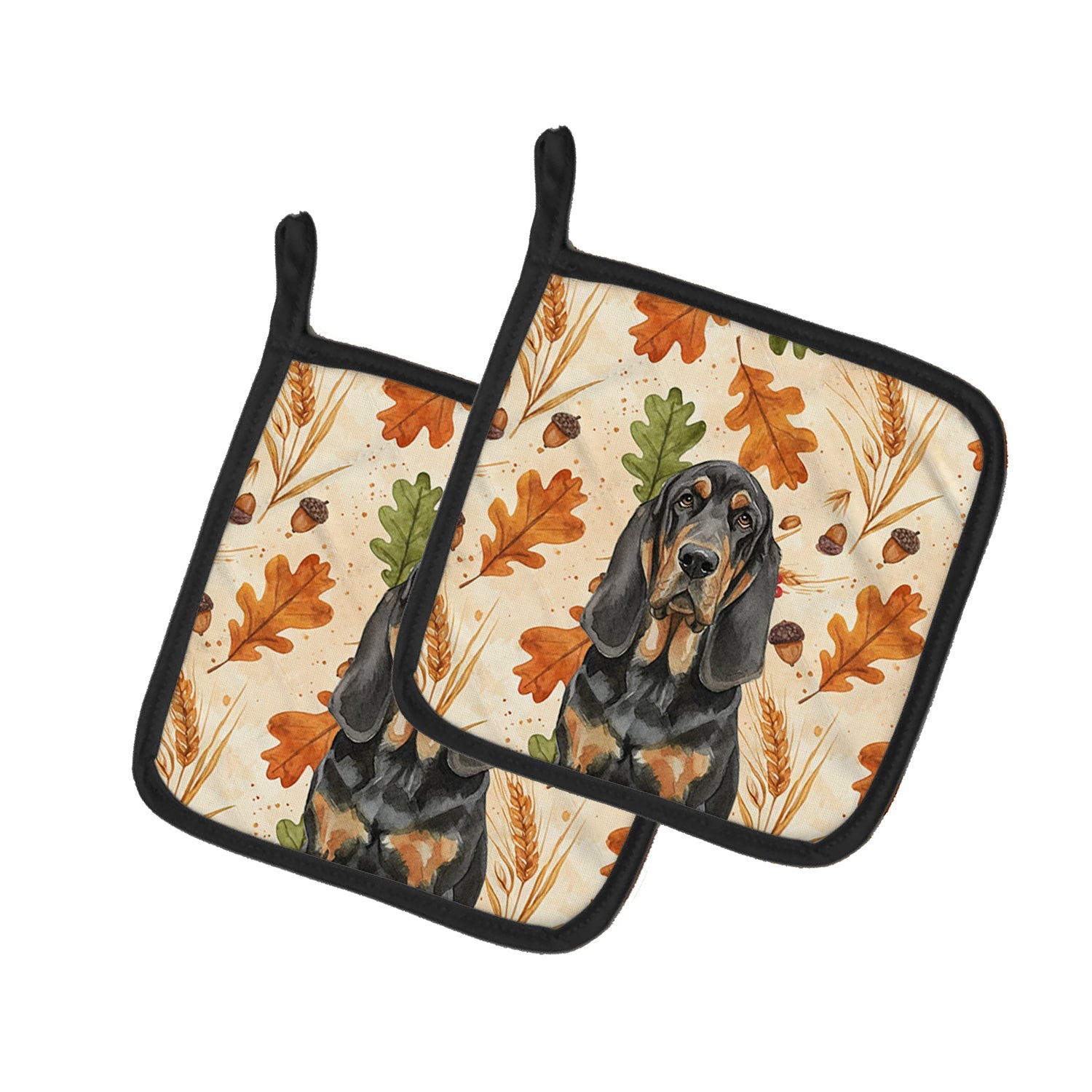 Black and Tan Bloodhound Heirloom Fall Pot Holder Set of 2 Heat Resistant Quilted Hot Pads 7.5 x 7.5 Inch, Insulated Kitchen Trivets for Cooking & Baking