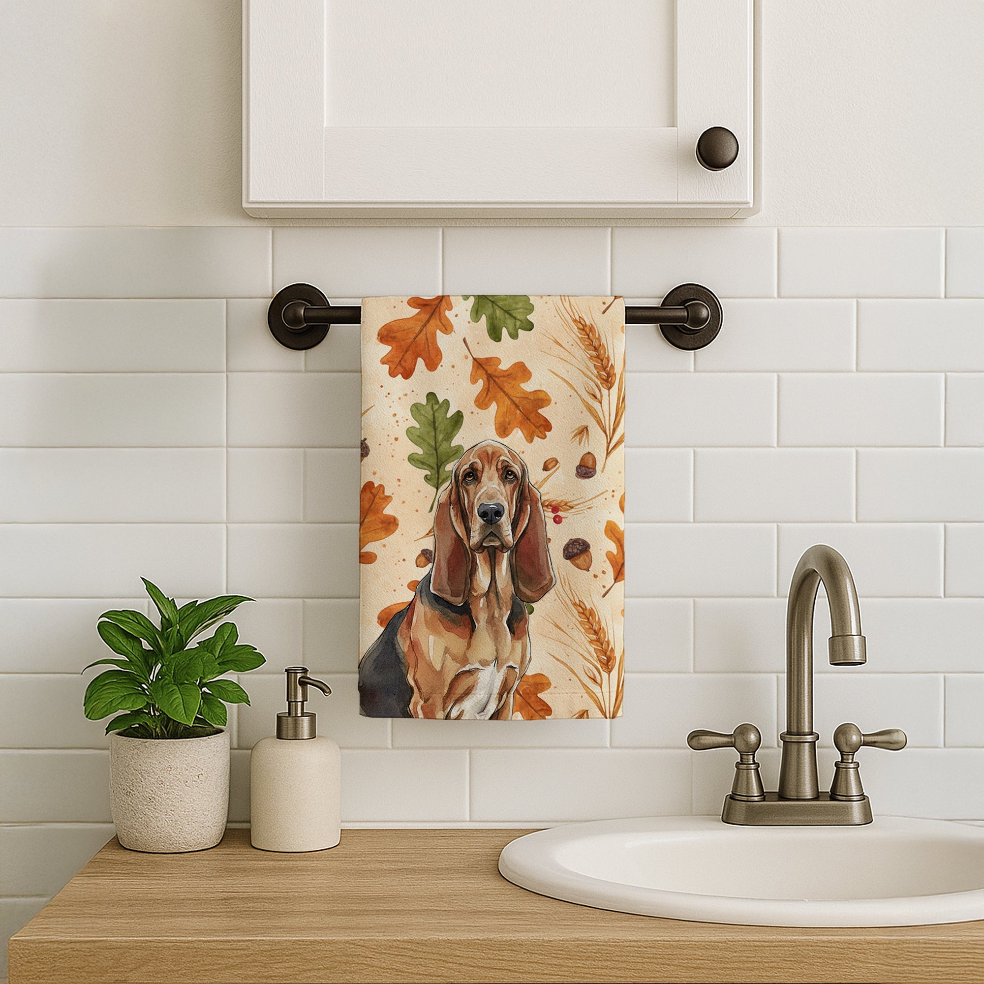 Liver and Tan Bloodhound Heirloom Fall Kitchen Towel Velour Plush Front and Cotton Loop Back Machine Washable