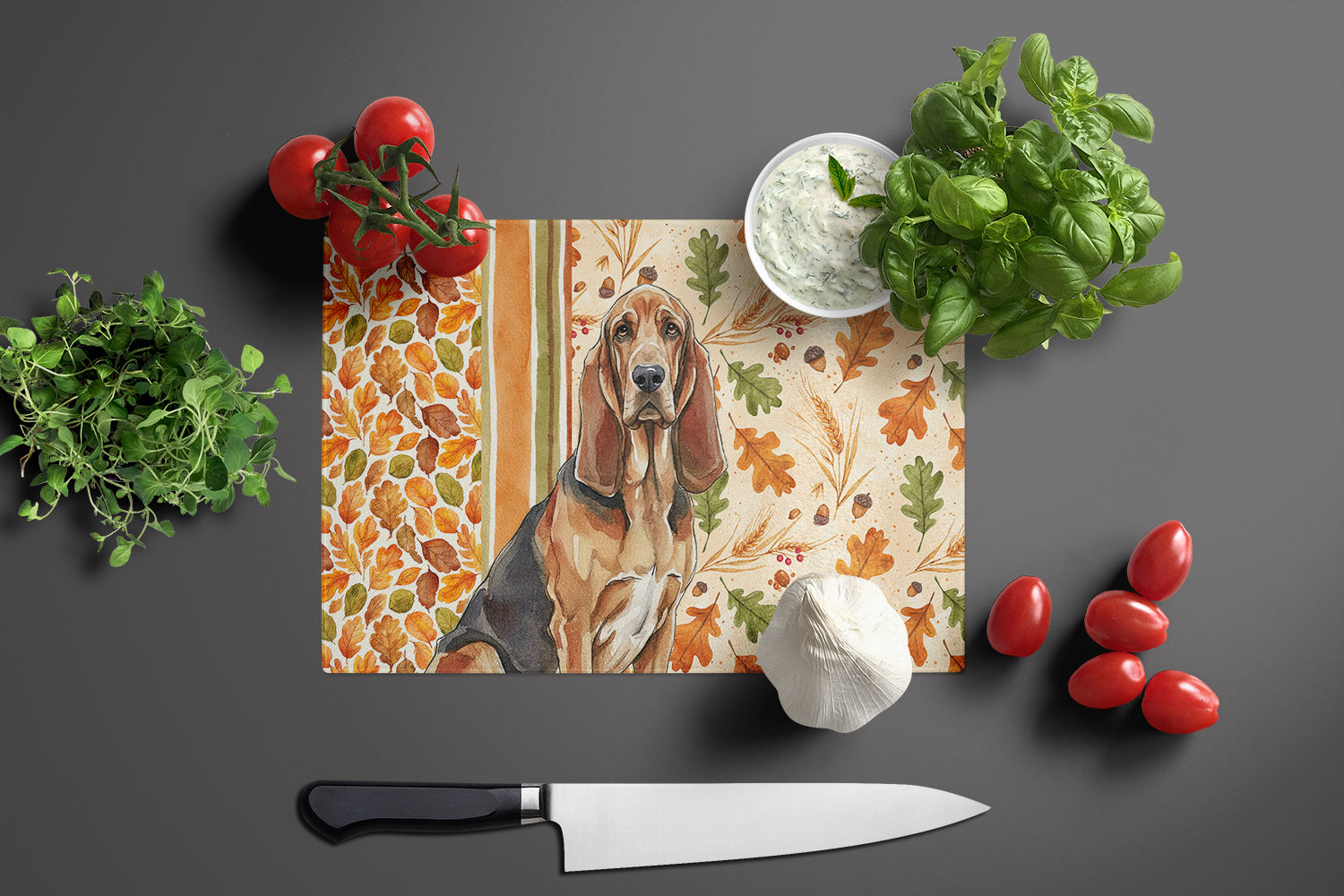Liver and Tan Bloodhound Heirloom Fall Cutting Board Tempered Glass Kitchen Cutting Surface, Heat Resistant Chopping, Non-Slip Feet, Food Prep & Serving