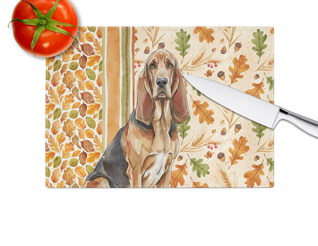 Liver and Tan Bloodhound Heirloom Fall Cutting Board Tempered Glass Kitchen Cutting Surface, Heat Resistant Chopping, Non-Slip Feet, Food Prep & Serving