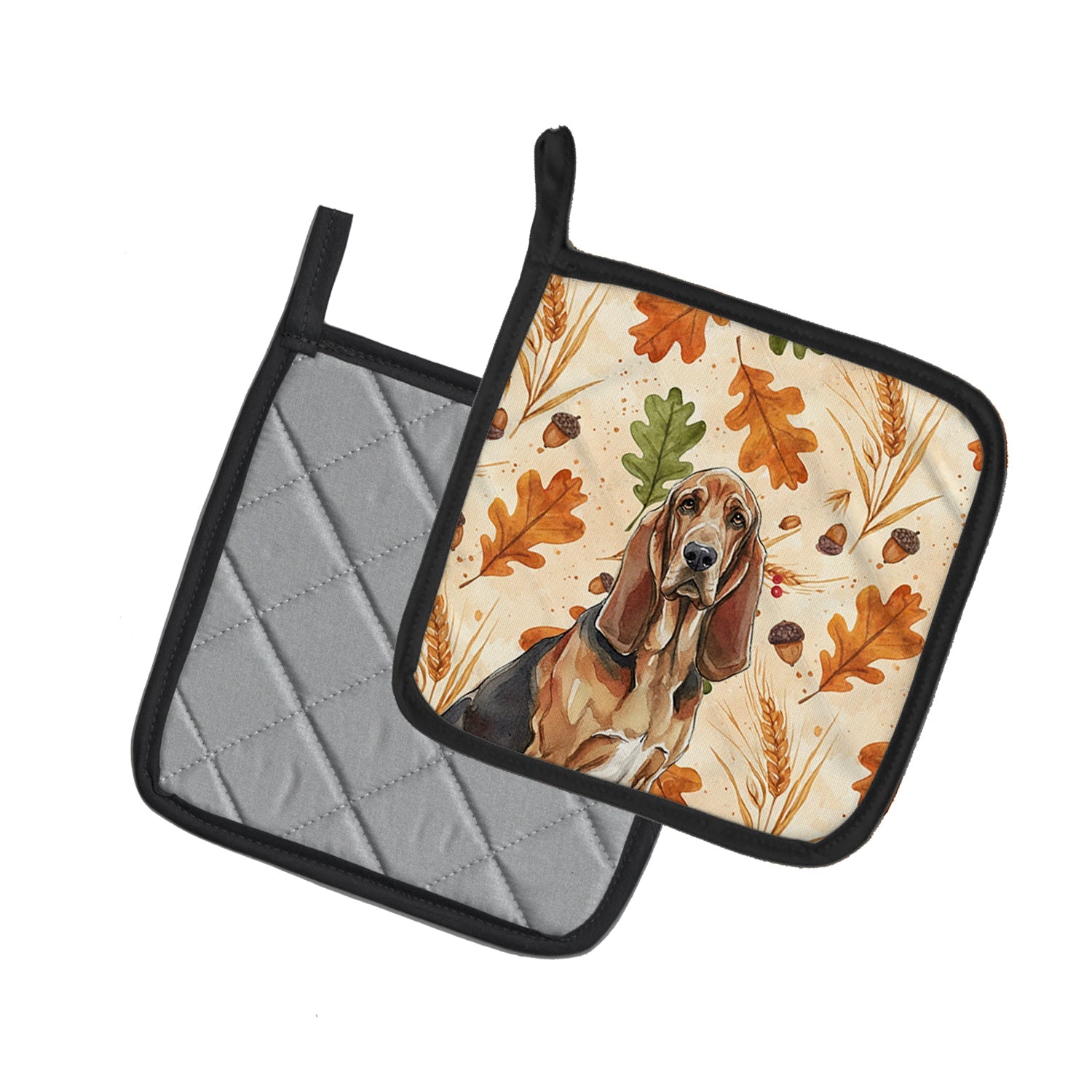 Liver and Tan Bloodhound Heirloom Fall Pot Holder Set of 2 Heat Resistant Quilted Hot Pads 7.5 x 7.5 Inch, Insulated Kitchen Trivets for Cooking & Baking