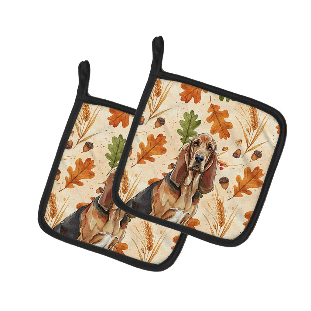 Liver and Tan Bloodhound Heirloom Fall Pot Holder Set of 2 Heat Resistant Quilted Hot Pads 7.5 x 7.5 Inch, Insulated Kitchen Trivets for Cooking & Baking
