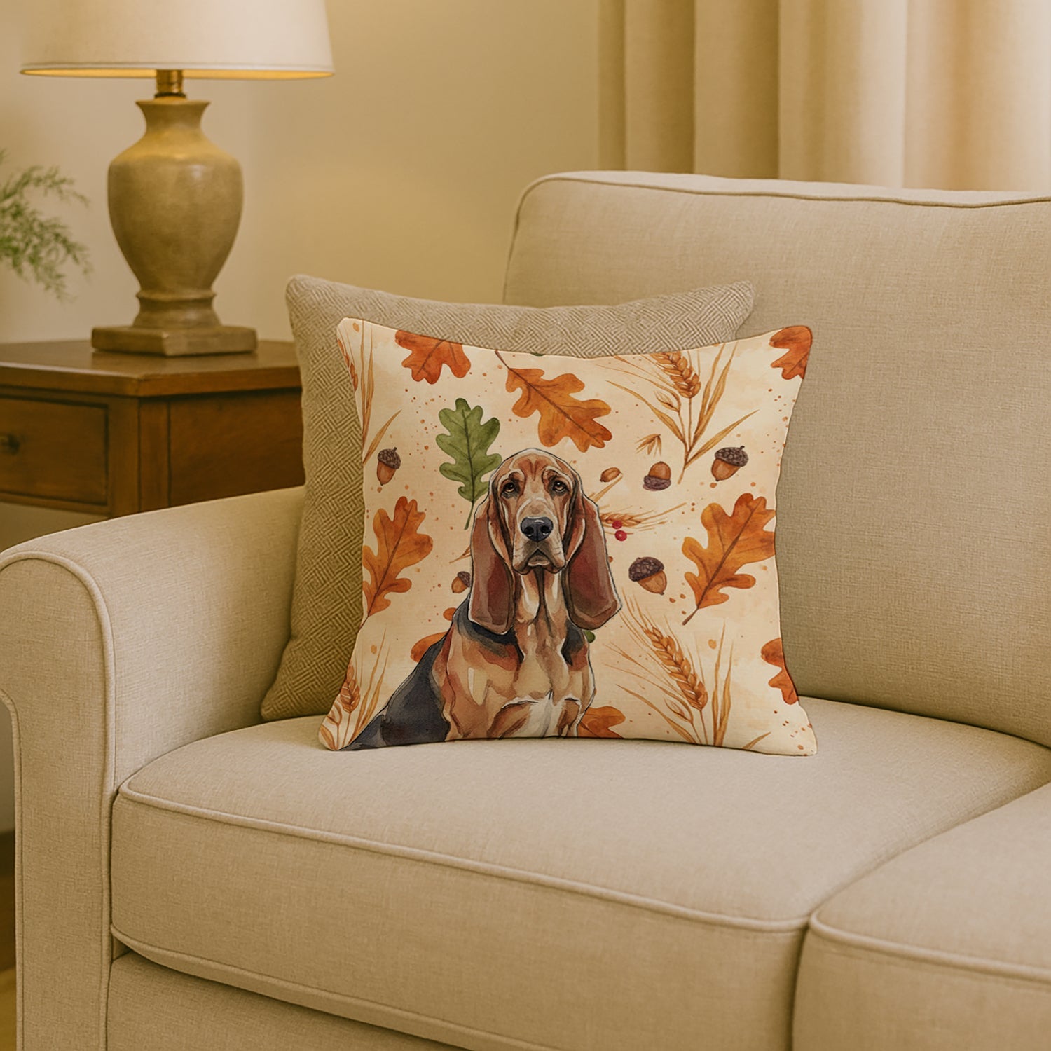 Liver and Tan Bloodhound Heirloom Fall Decorative Throw Pillow 18x18 Indoor Outdoor Accent Cushion, Fabric Cover with Insert for Sofa, Bed, Porch & Living Room